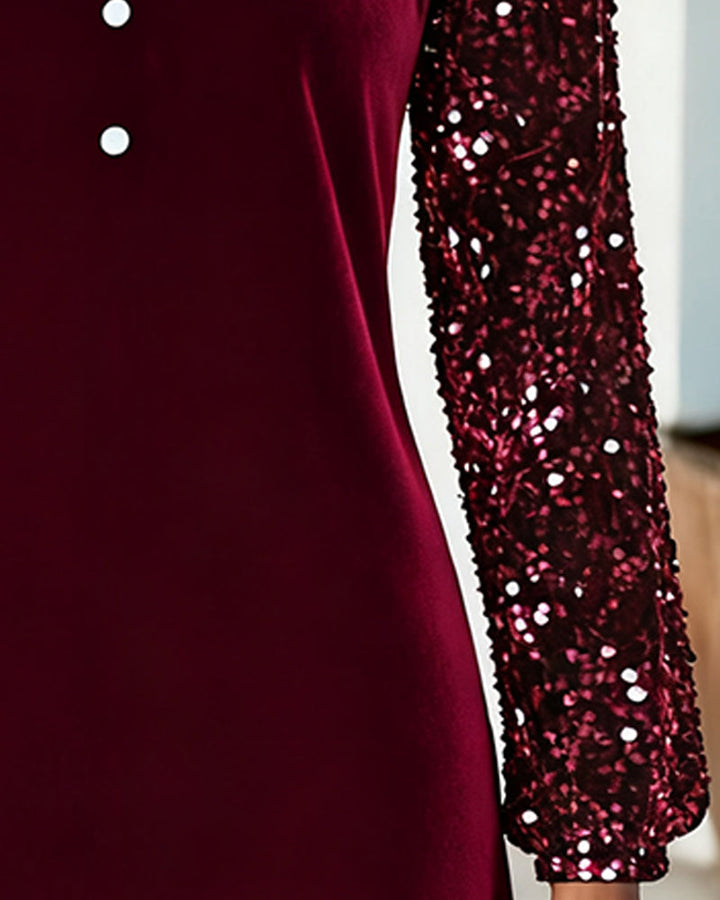 A-line knee-length women's formal dress with glamorous shimmering sleeves for special occasions.