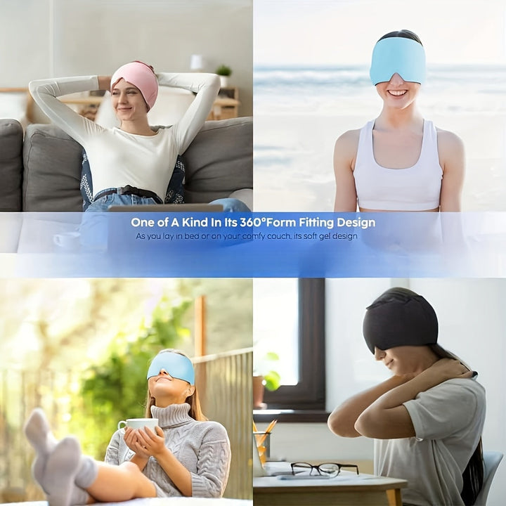 Detailed view of the cooling gel migraine relief hat's soft, stretchable fabric & therapeutic gel.