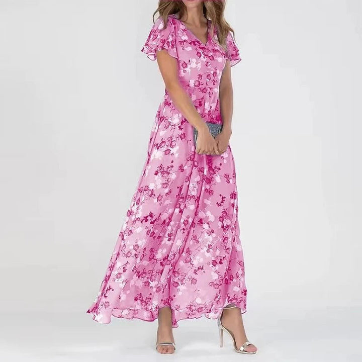 Stylish women's summer floral midi dress, designed with short sleeves for comfort and a chic appeal.