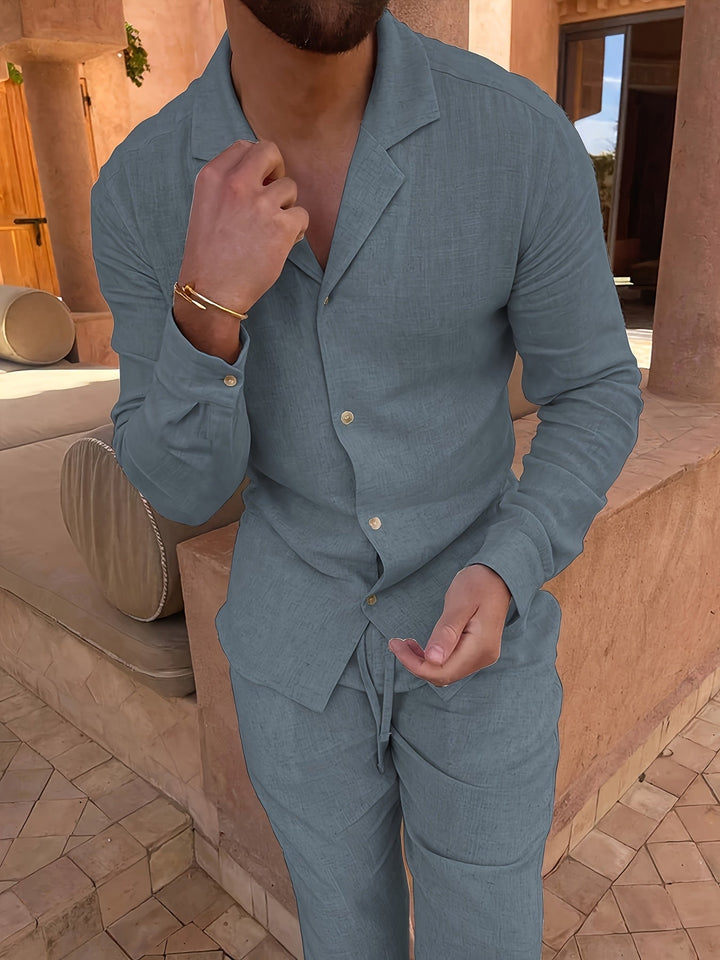 Ivory white men's minimalist linen blend two-piece set, perfect for casual wear & elegant style.