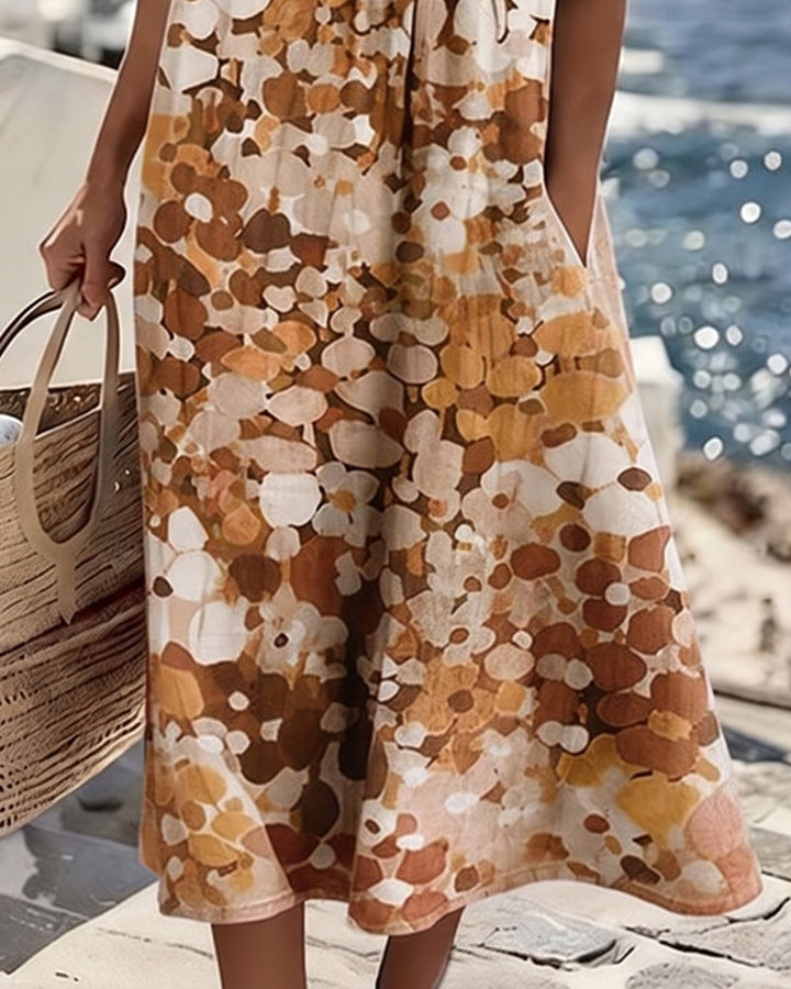 Women's airy floral print A-line midi dress, short sleeve, round neck, elegant summer fashion.