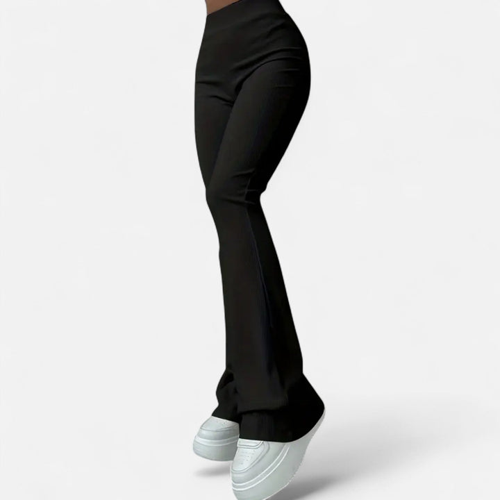Elegant women's high-waist ribbed slim fit leggings, perfect for versatile daily fashion & comfort.