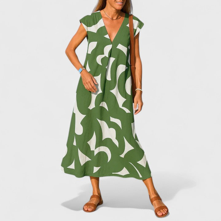 Lightweight Women's Flowing V-Neck Maxi Dress. Comfortable & breezy, ideal for warm weather, travel, & holiday fashion.