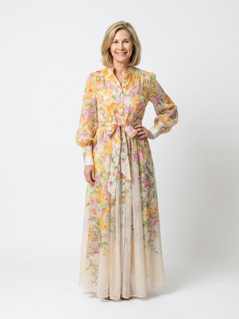 Elegant women's floral maxi dress with long sleeves, perfect for spring fashion and summer occasions.