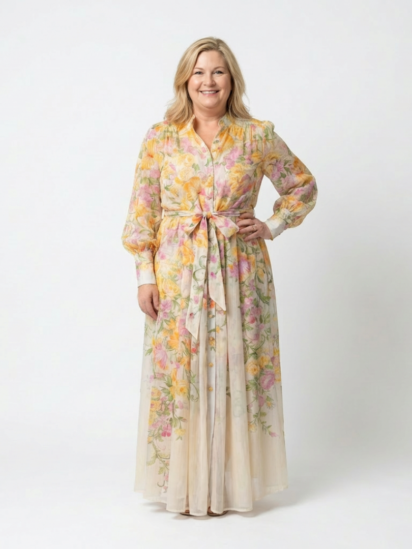 Women's spring/summer floral maxi dress with graceful long sleeves and a flowy silhouette.