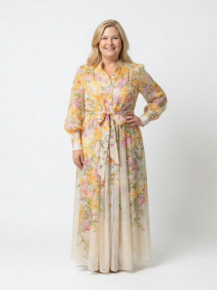 Women's spring/summer floral maxi dress with graceful long sleeves and a flowy silhouette.