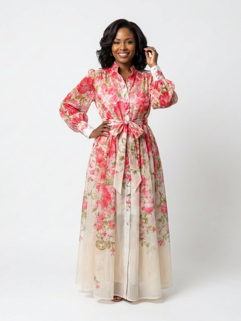 Beautiful women's long sleeve floral maxi dress with an elegant botanical print, perfect for casual chic.