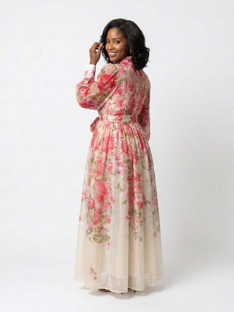 Modest women's long sleeve maxi dress in a lovely floral print, a stylish choice for any occasion.