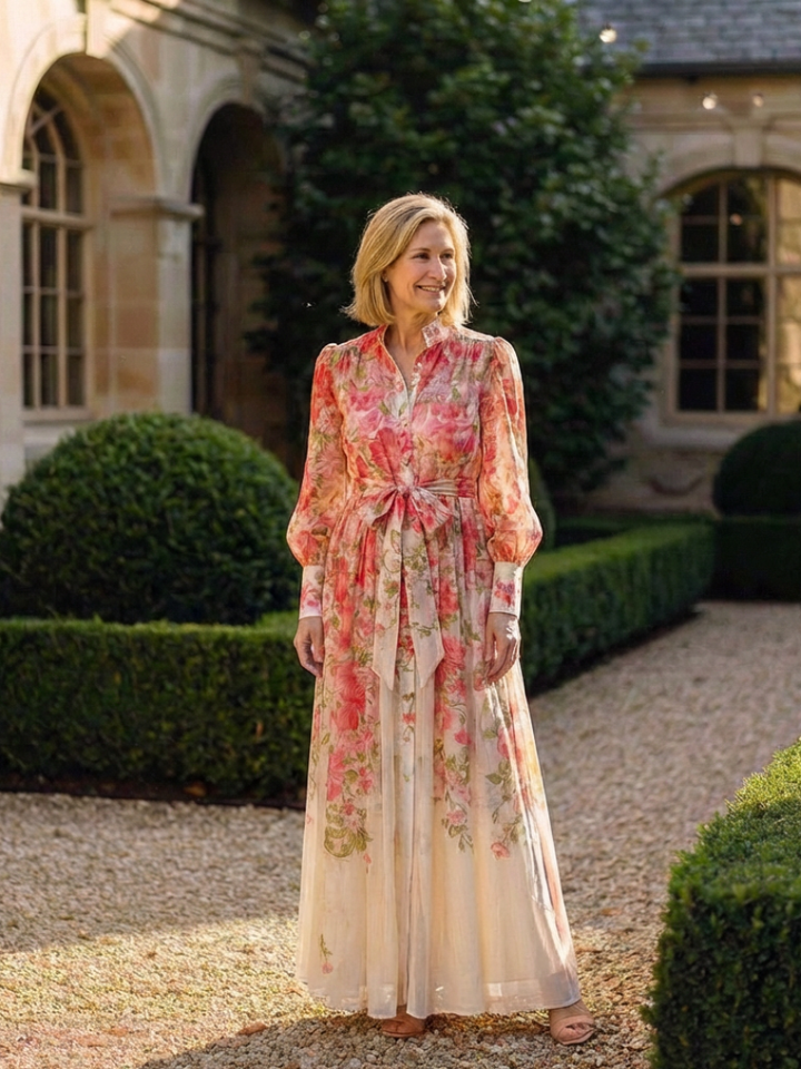 Vibrant botanical print women's maxi dress with long sleeves, a stylish addition to women's fashion.