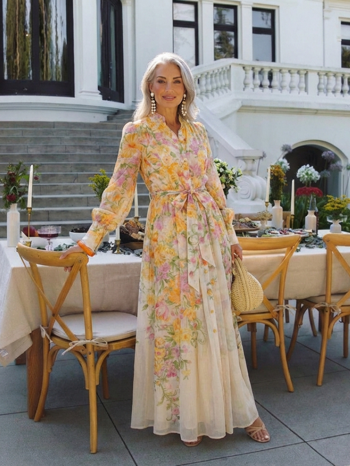 Elegant women's floral long sleeve maxi dress, a versatile spring/summer dress for various occasions.