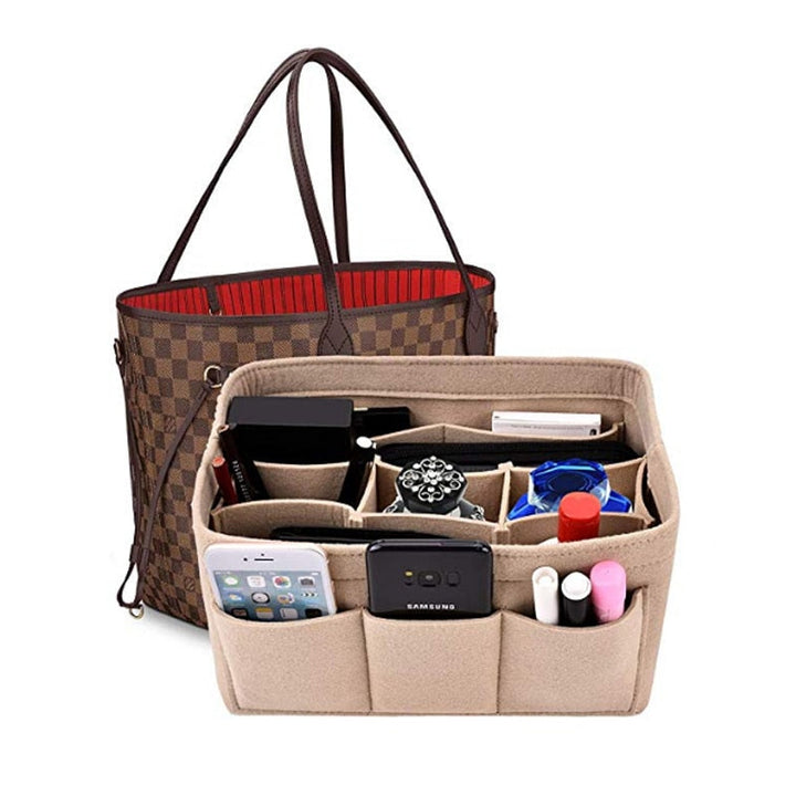 Felt handbag organizer insert with multi-pockets for tidy women's tote bags.