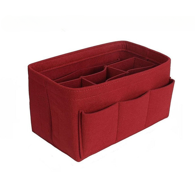 Travel-friendly felt cosmetic holder & purse organizer insert for women's tote bags.