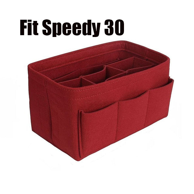 Versatile felt multi-pocket organizer insert for handbags, totes, and cosmetic storage.