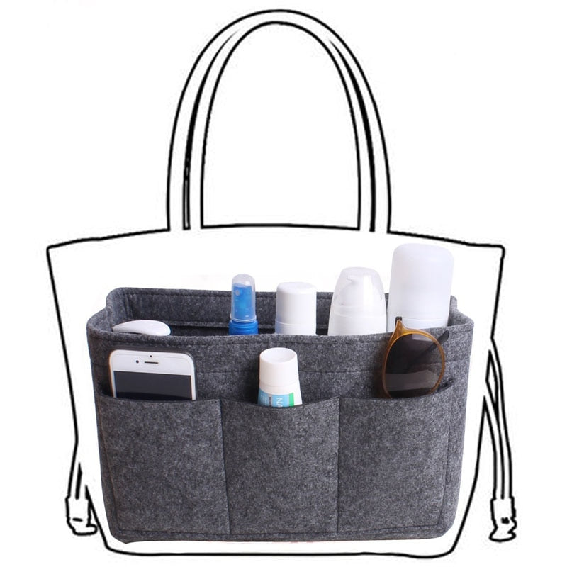 Smart felt purse organizer insert with multiple compartments for women's bag organization.