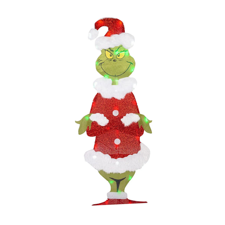 Cheerful Grinch yard decor with bright LED lights, perfect for Christmas holiday garden.