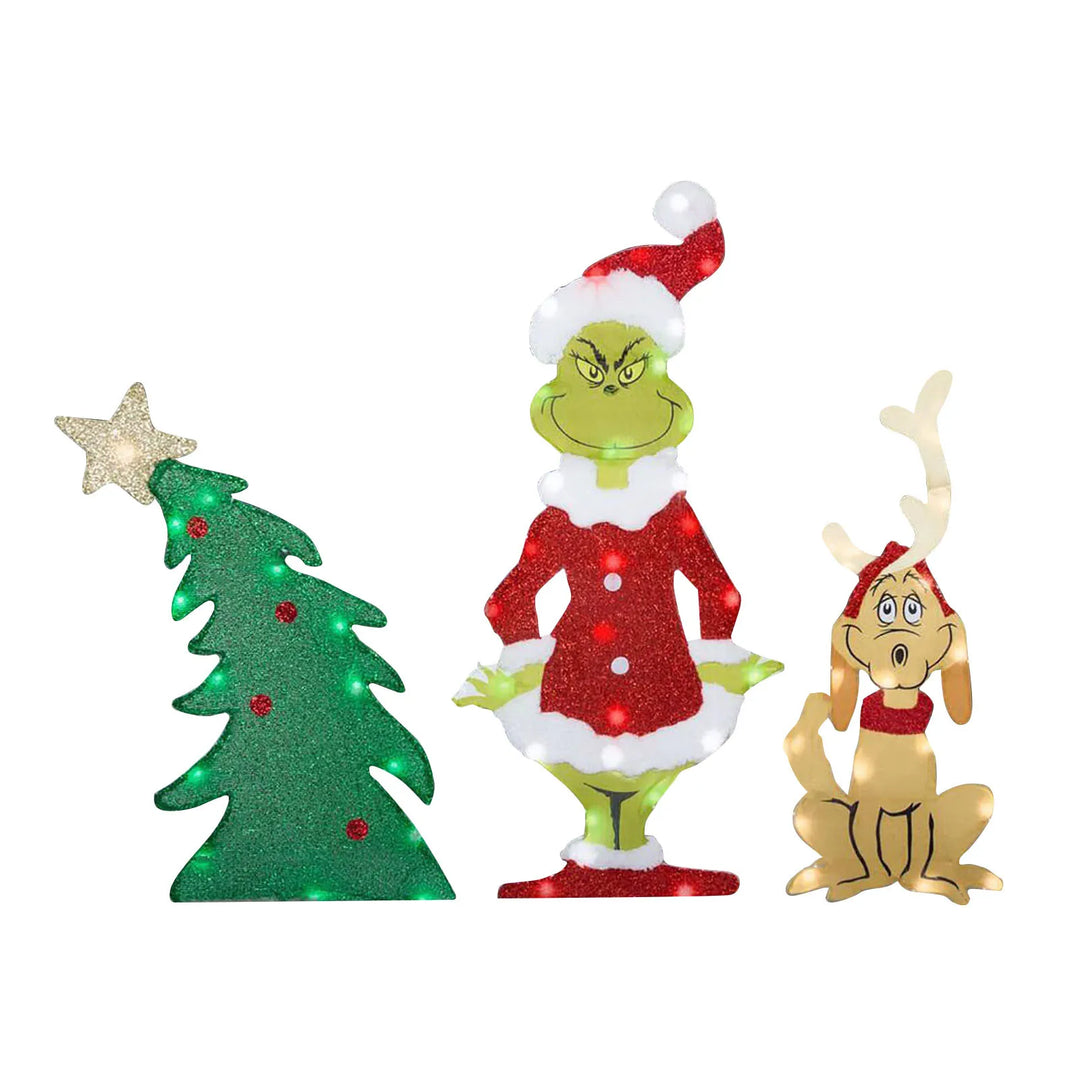 Grinch holiday garden lighting, a fun LED Christmas decoration for your outdoor space.