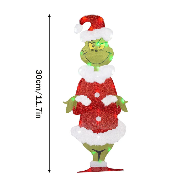 Outdoor Grinch Christmas decoration with LED lights, ideal for holiday yard display.