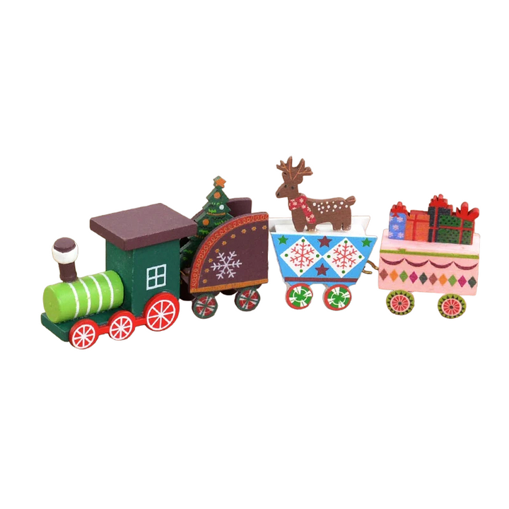 Festive wooden Christmas train toy for kids, featuring colorful carriages, perfect for holiday decor and playtime.