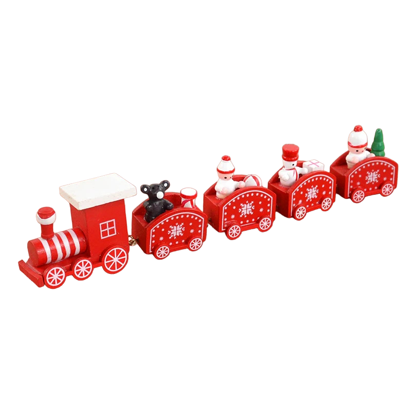 Brightly painted wooden Christmas train, a cheerful holiday decoration & durable kids' toy for festive playtime fun.
