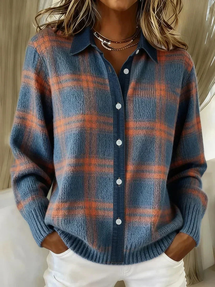 Elegant women's checkered cardigan. Cozy, long-sleeve knit top with button front for chic layering style.