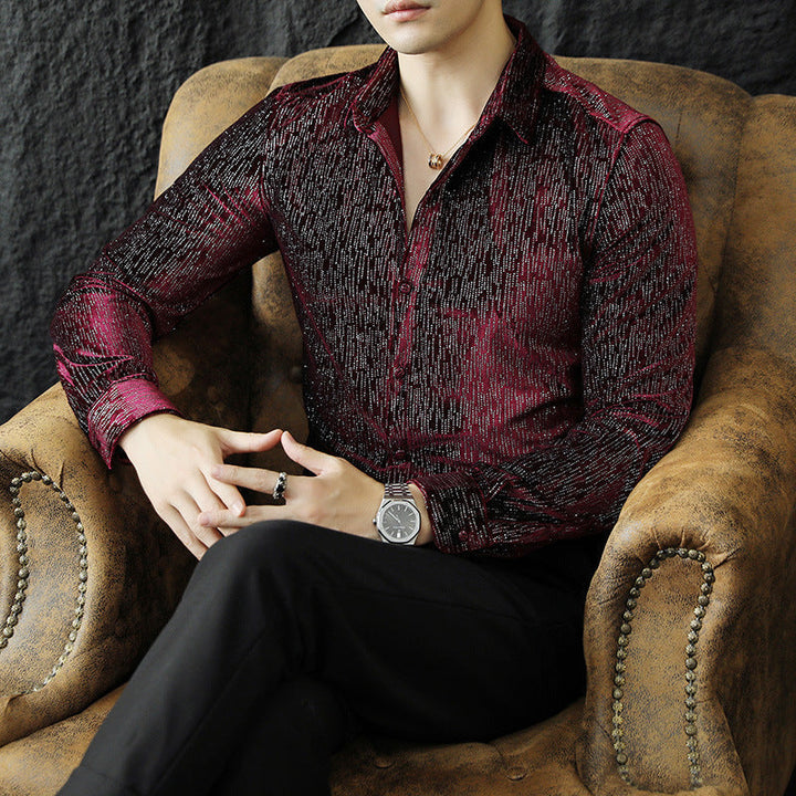 Men's shiny black slim fit button-down shirt with long sleeves, perfect for party wear or elegant fashion.