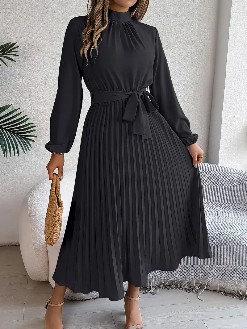 Women's elegant long-sleeve midi dress, ideal for office or special events, with belt.