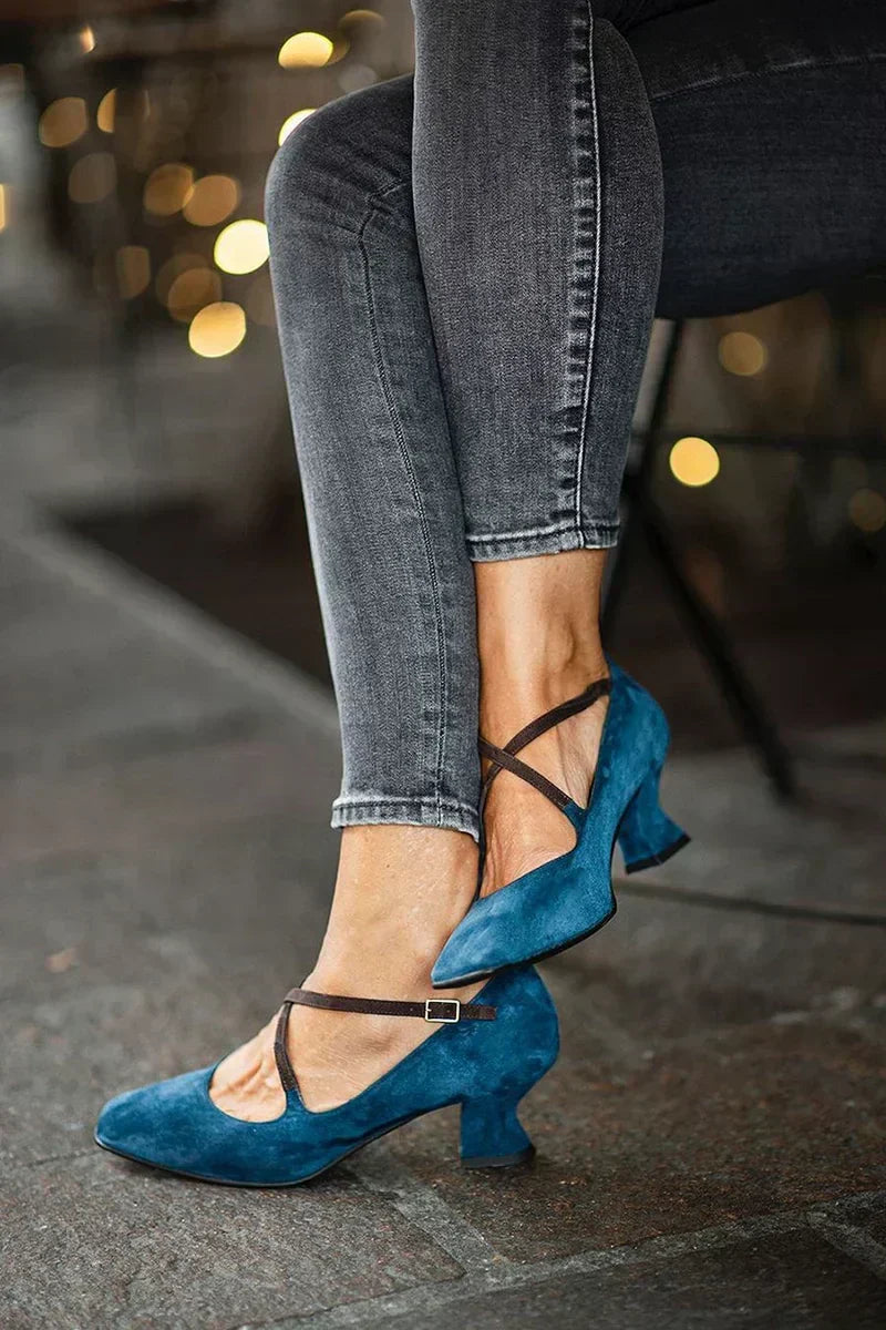 Chic women's blue strappy mid-height block heels with a square toe, ideal for elegant formal or party attire.