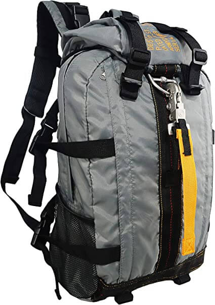Front view of FieldGear's unisex water-resistant tactical backpack, a versatile hiking and outdoor adventure pack.