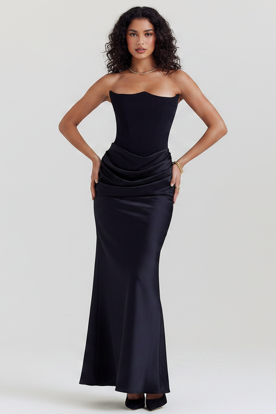 Luxurious strapless maxi dress, elegant evening wear for women, special occasion approved.