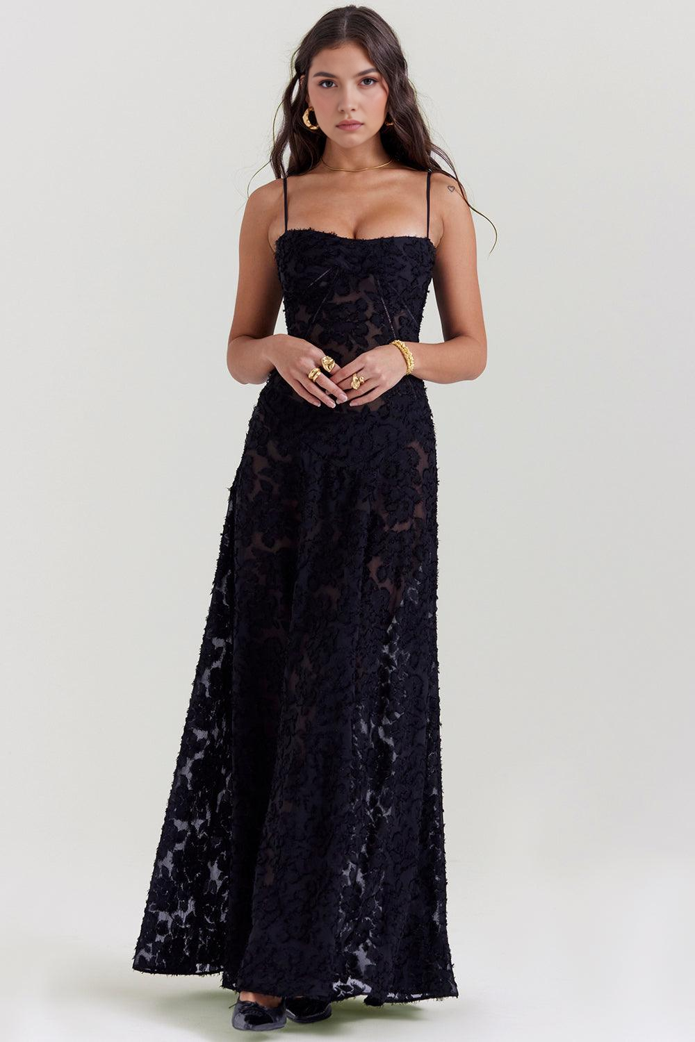 Women's formal Serenity Bloom dress, a stunning floral bustier gown for wedding guests.