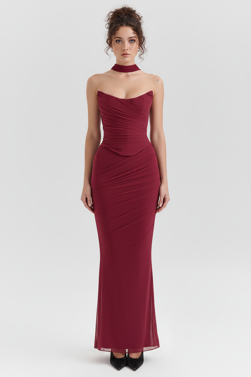 Elegant women's mesh corset midi dress, perfect for evening events & special occasions.