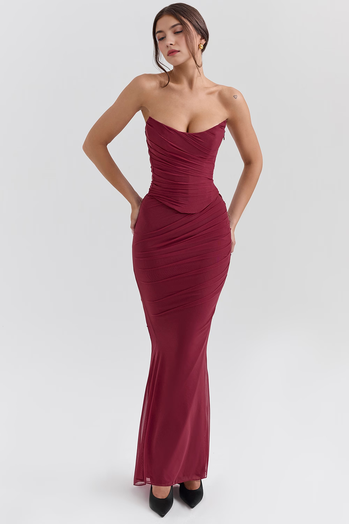 Stylish women's mesh midi dress with a structured corset bodice, ideal for parties & fashion.