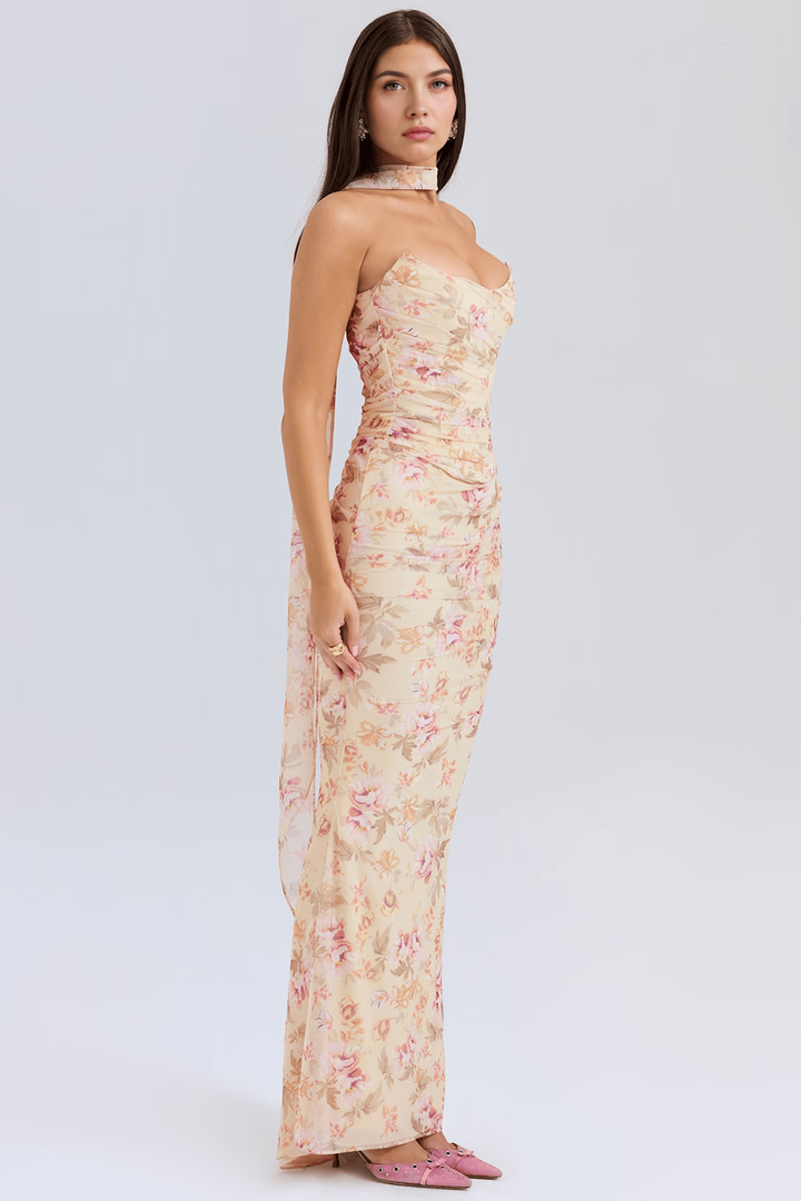 Latest fashion women's elegant mesh corset midi dress, perfect for evening wear & parties.