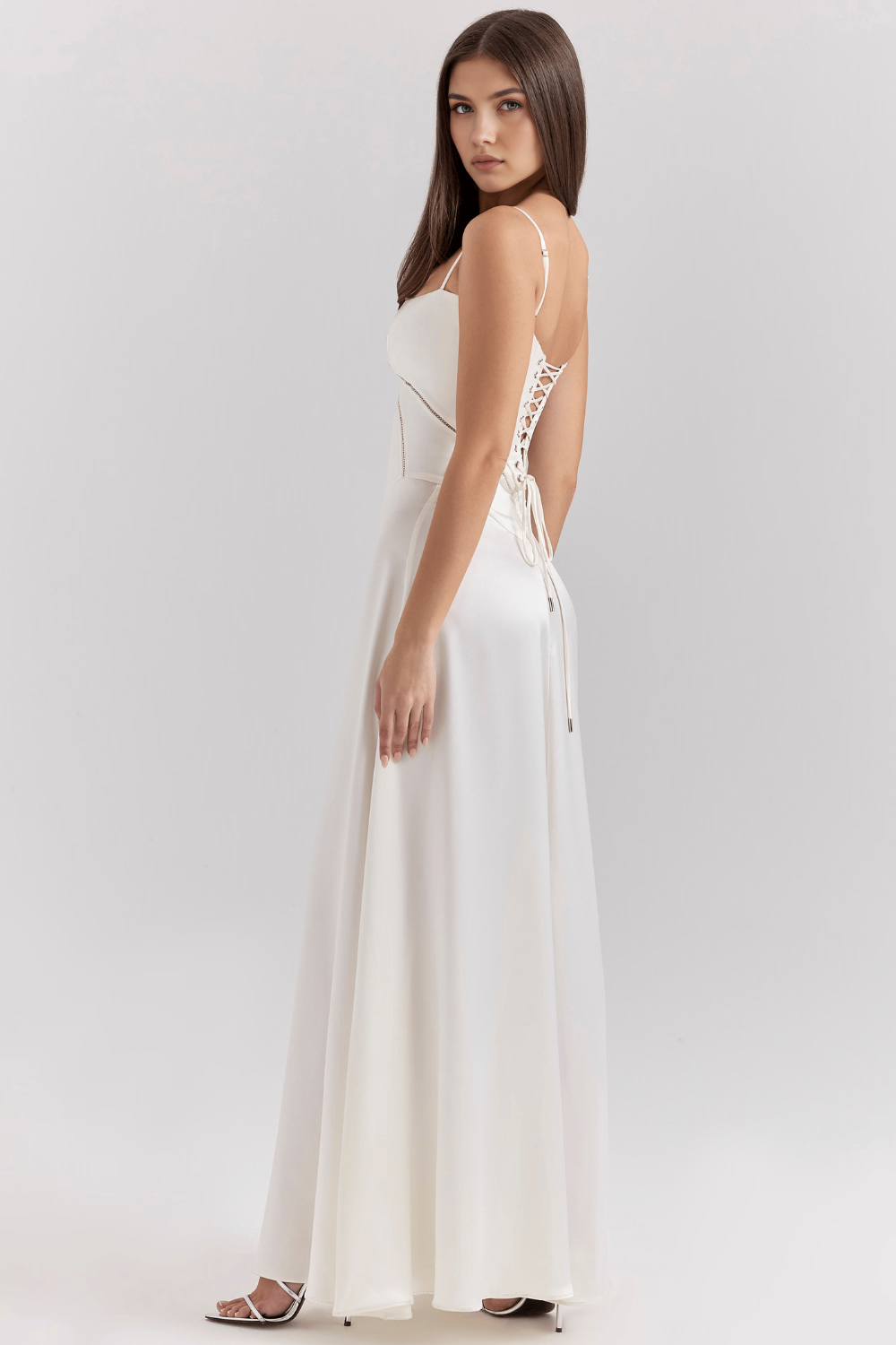 Gray women's bustier maxi dress, sophisticated evening wear.