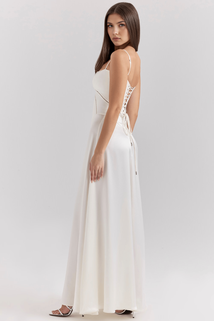 Gray women's bustier maxi dress, sophisticated evening wear.