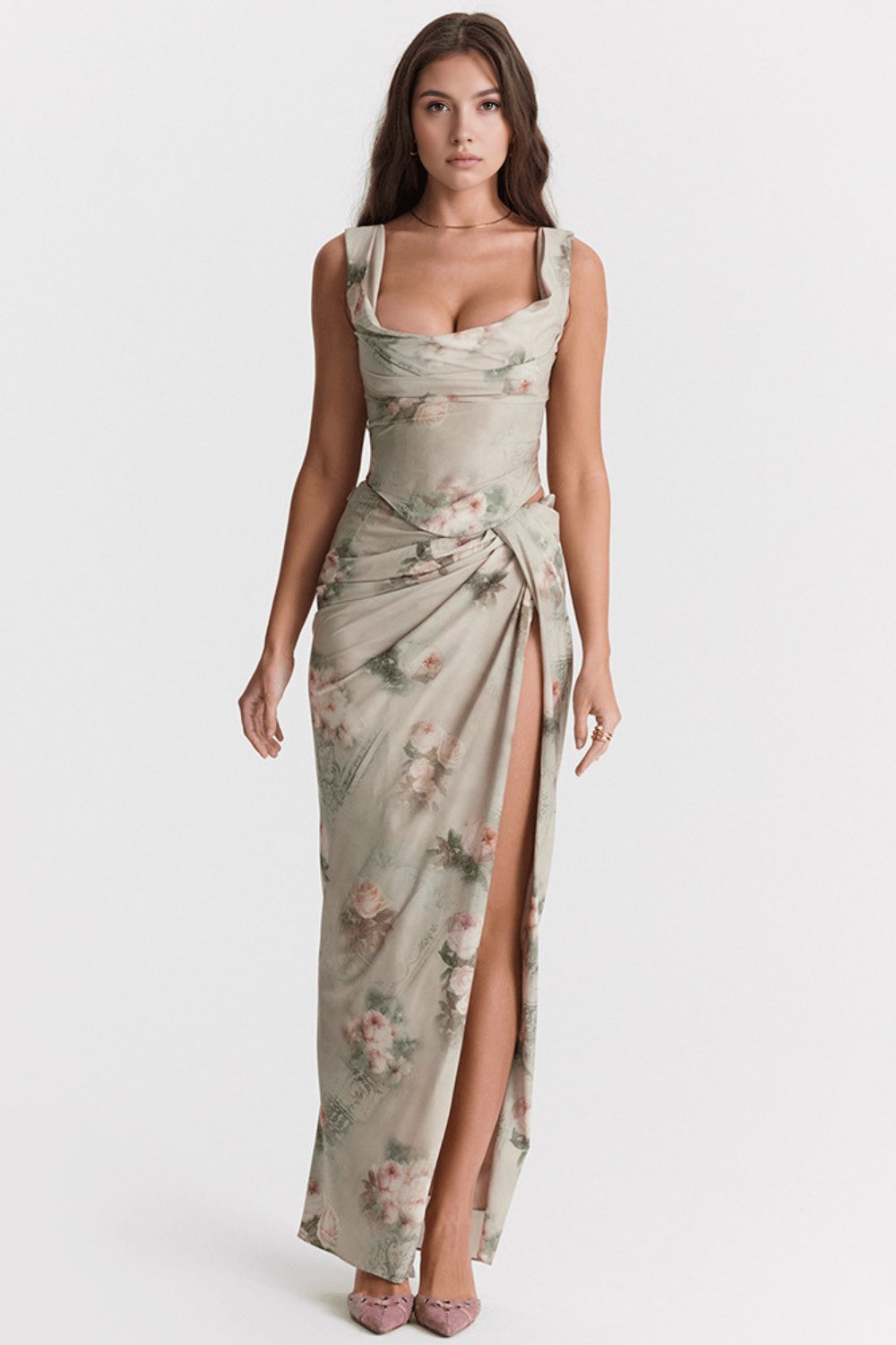 Stunning Bronzé women's fashion set: a structured corset top and elegant, flowing maxi skirt for special events.