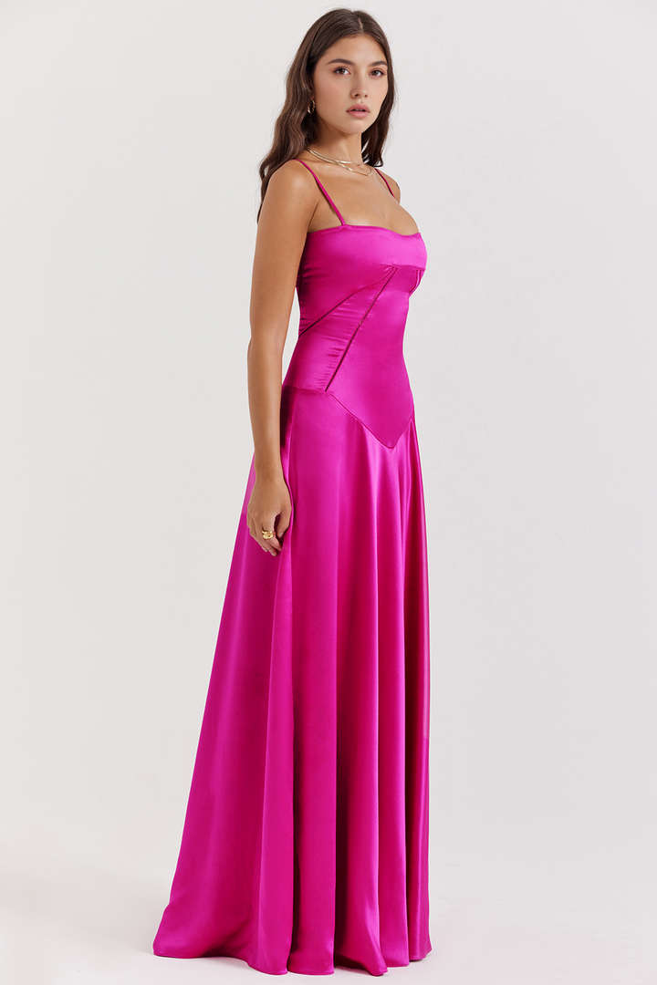Stylish gray sleeveless bustier dress, an elegant long maxi gown.