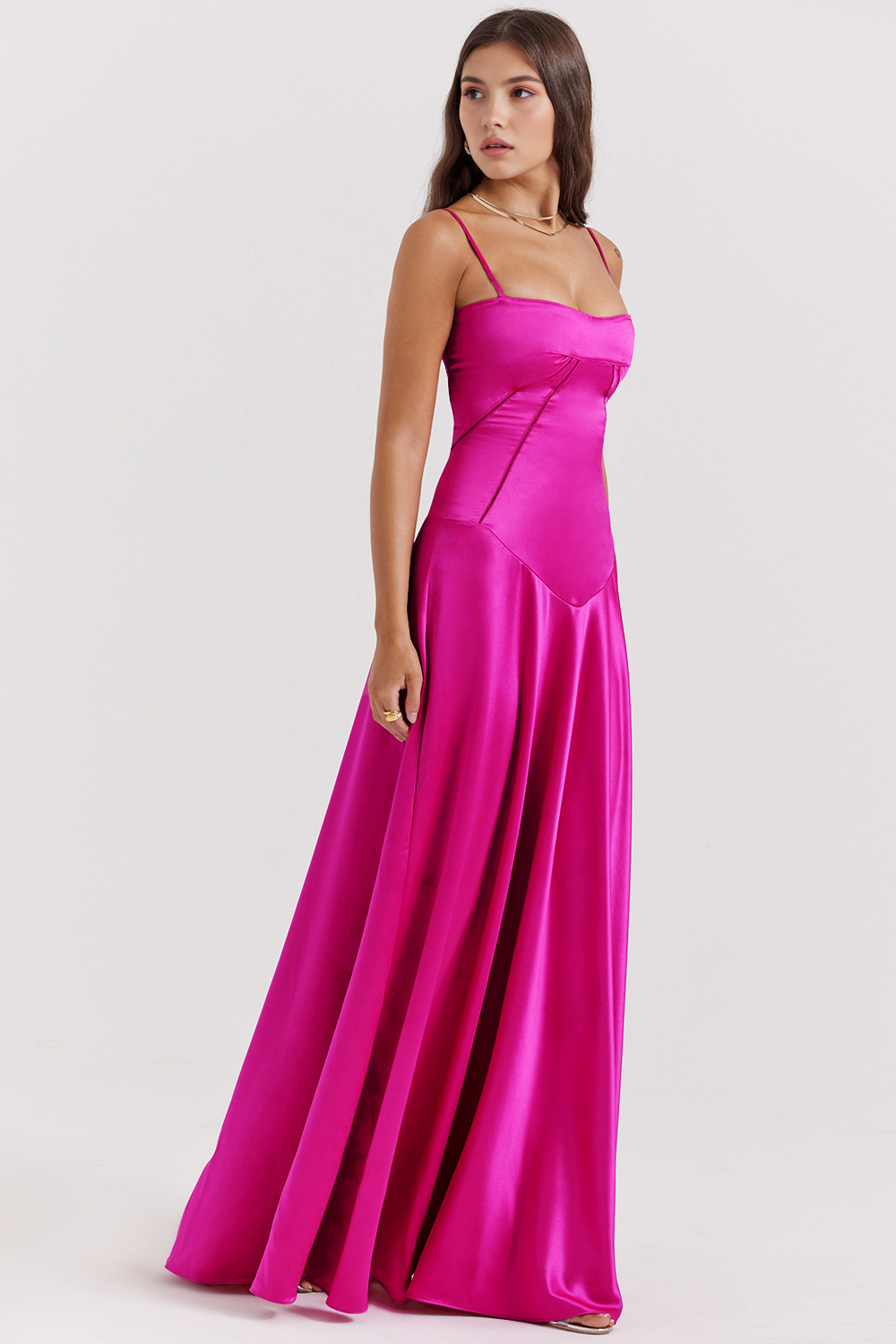 Vibrant hot pink party gown, an elegant bustier maxi dress.