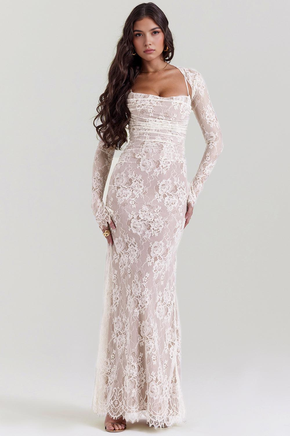 Elegant white lace maxi dress for women with corset back, ideal for formal evenings and special occasions.