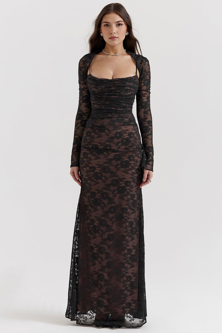 Long black lace evening dress for women, featuring a sophisticated corset back design and flowing skirt.