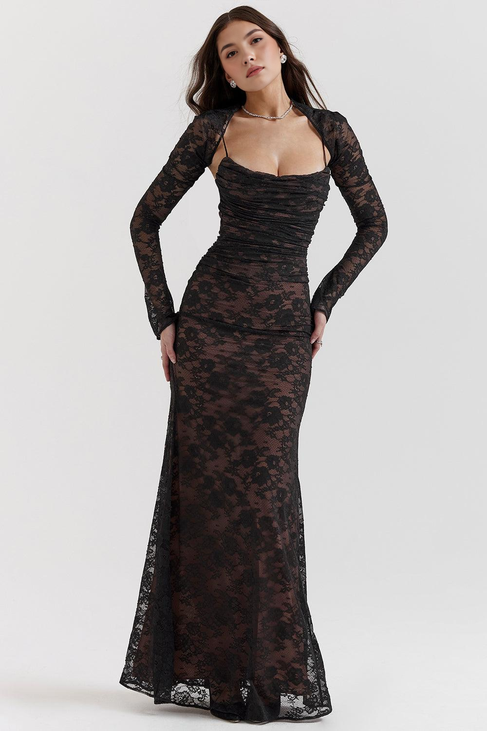 Formal white women's gown, elegant lace and maxi length, stylish corset back detail on display.