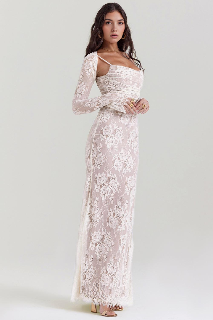 Formal white lace maxi dress, perfect for special occasions, with intricate lace detail and corset back.