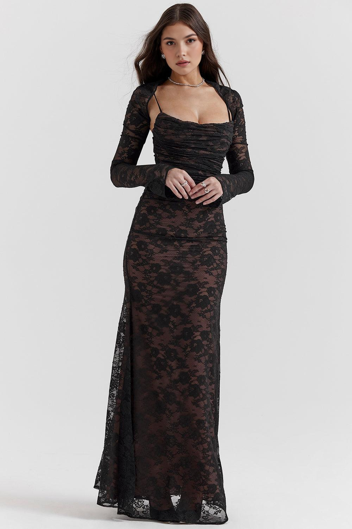 Women's formal white lace maxi gown, elegant silhouette with a detailed corset back closure.