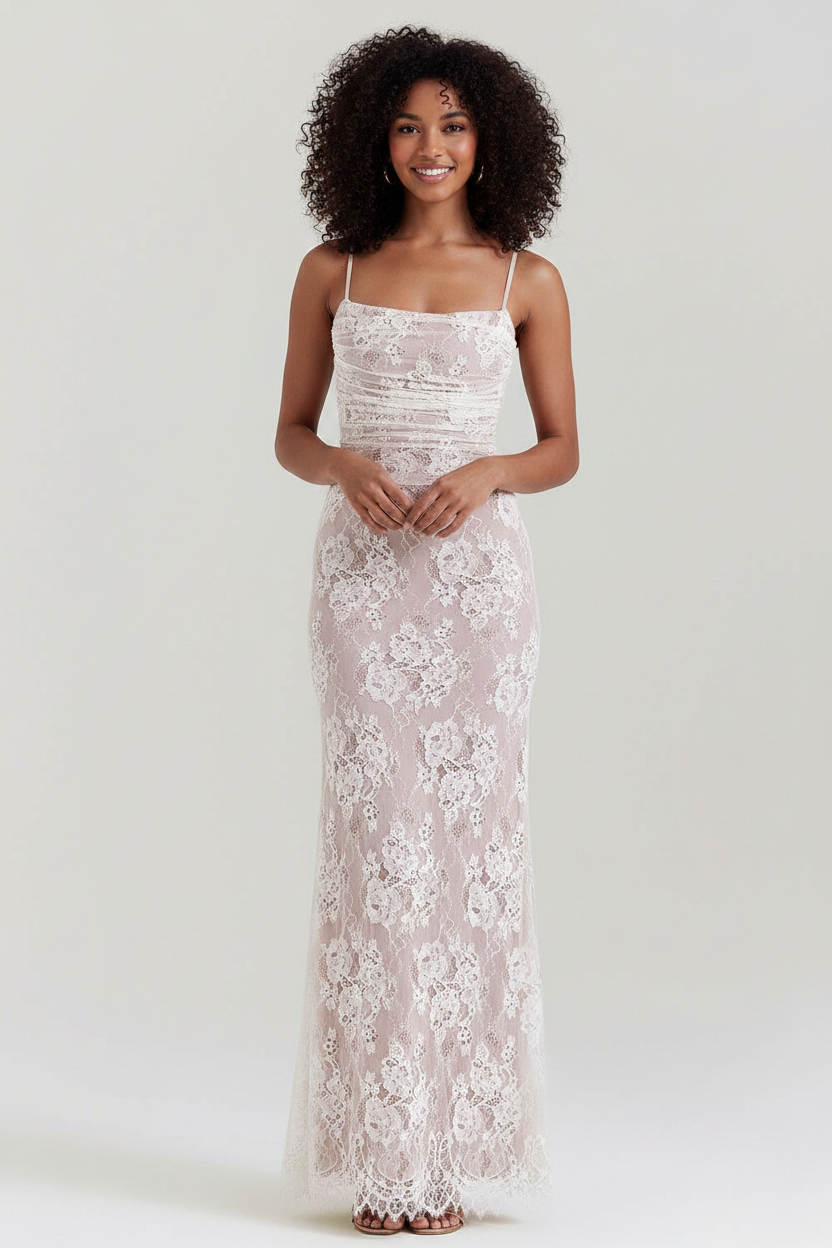 Women's elegant long white lace dress, corset back detail, perfect for weddings or formal events.
