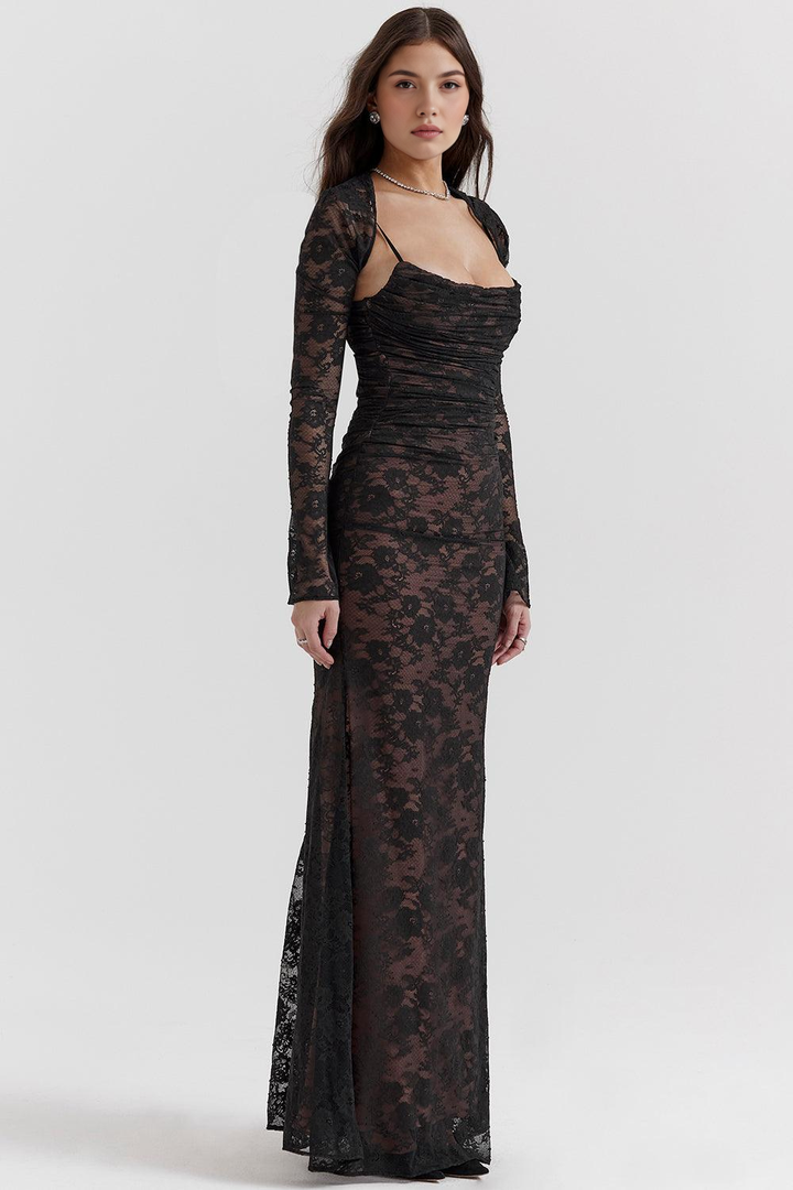 Elegant women's white maxi dress, intricate lace details, and a flattering corset back design.