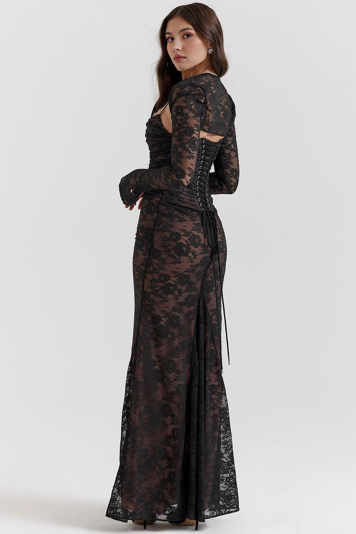 Chic black lace maxi dress with a corset back, perfect for formal special occasion wear for women.