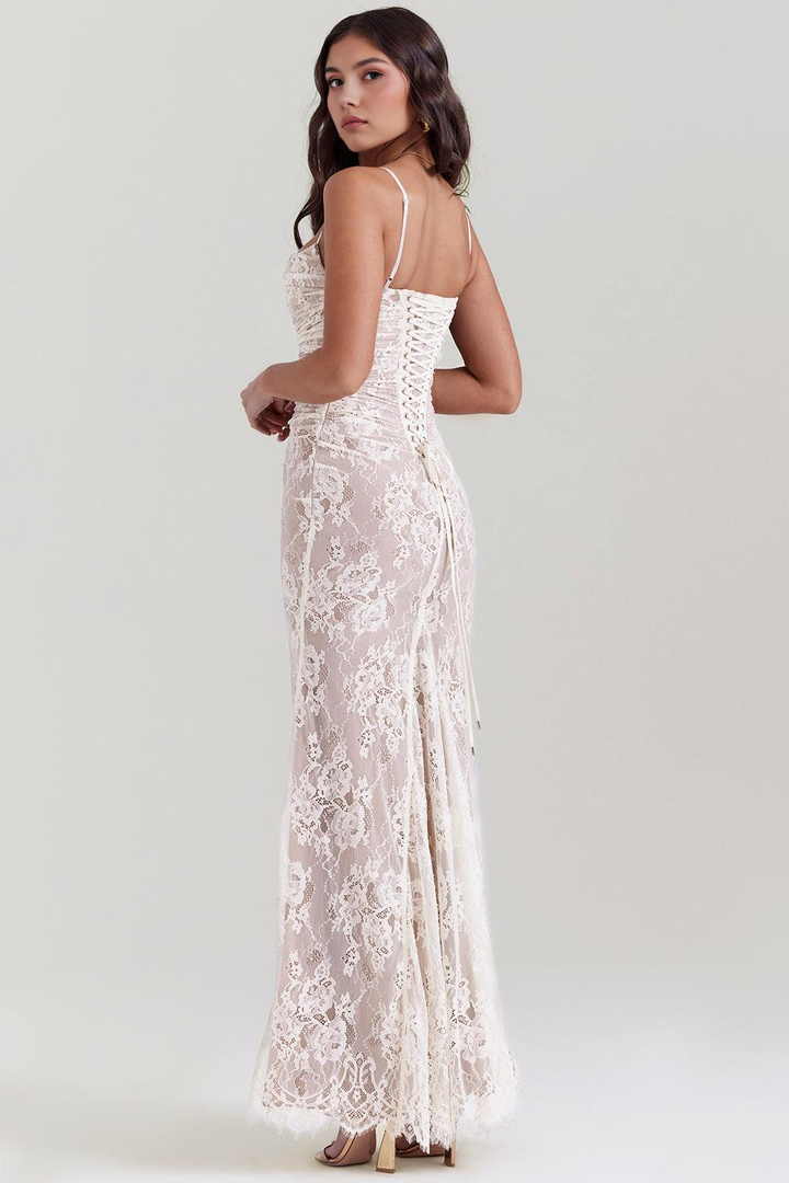 Beautiful black evening gown for women, long lace design with an elegant corset back closure.