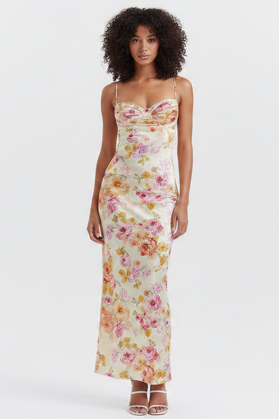 Elegant women's pink floral maxi dress, a romantic long gown perfect for summer parties & special occasions.