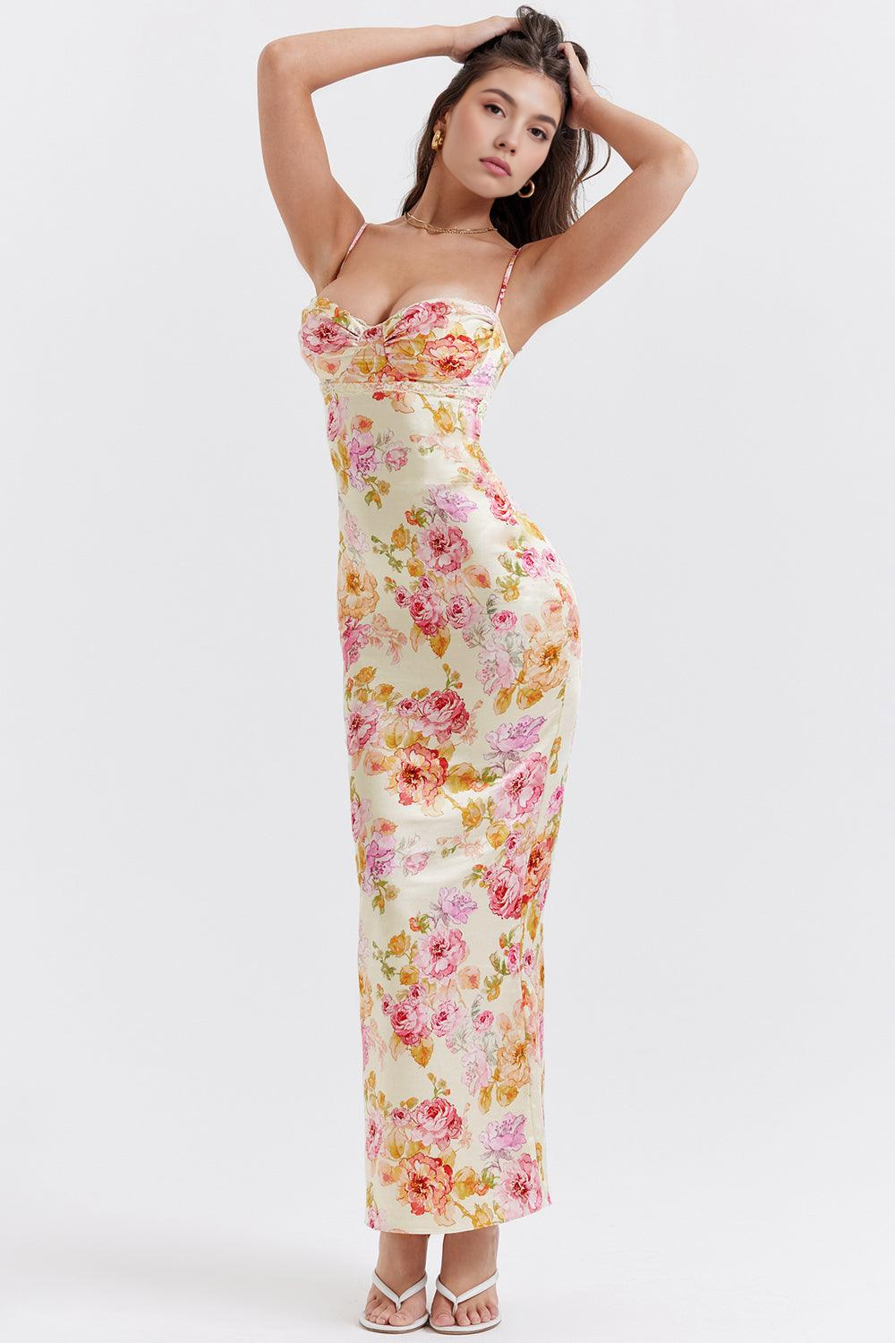 Romantic pink floral women's maxi dress, ideal for elegant evening wear, special occasions & summer parties.