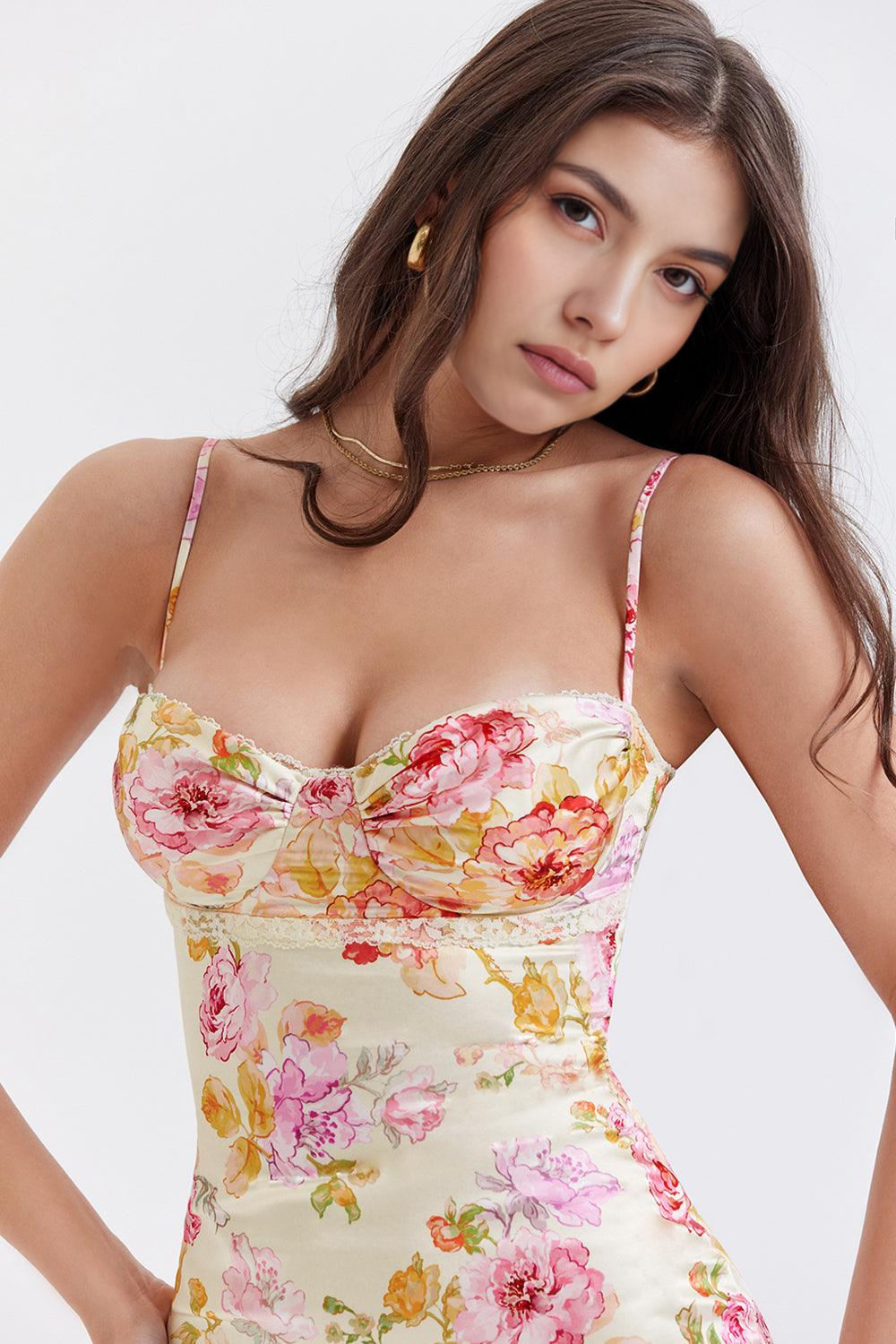 Charming floral maxi dress for women, an elegant evening gown with romantic pink flowers for special events.